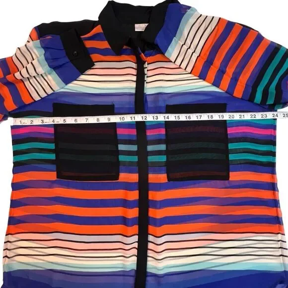 Bisou Busou Blouse Womens XL Colorful Bright Stripes Sheer Button Up Shirt - Picture 4 of 9